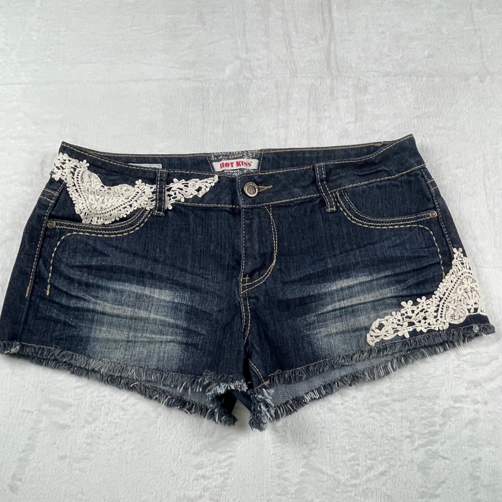 Hot Kiss Cici Shorts Juniors 13 Dark Wash Crochet Lace Frayed Hem Denim Festival